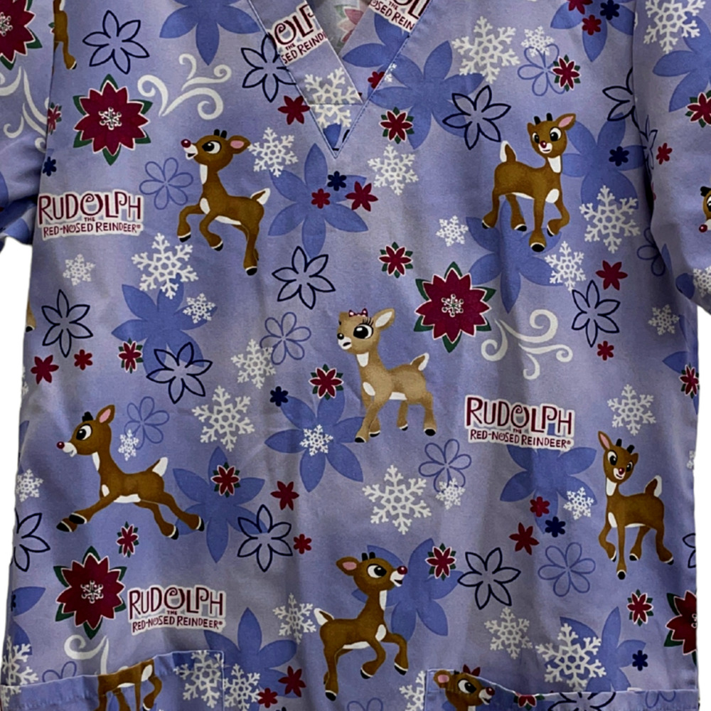 Rudolph Red Nosed Reindeer Christmas  Purple Scrub Top XS X-Small